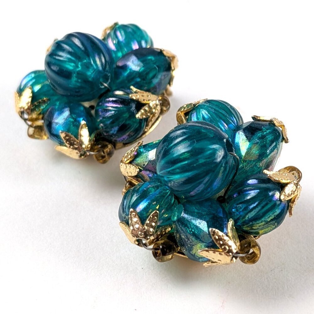 Vintage Blue/Green & Gold Beaded Clip-on Earrings